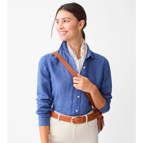 J. McLaughlin Britt Linen Point Collar Long Sleeve Blue Button Front Shirt Top L - Picture 14 of 16